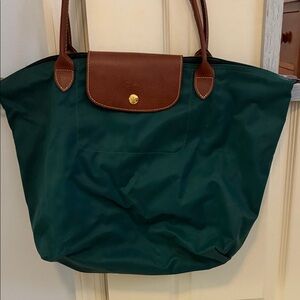Longchamp Green Nylon Tote with Brown Leather Trim